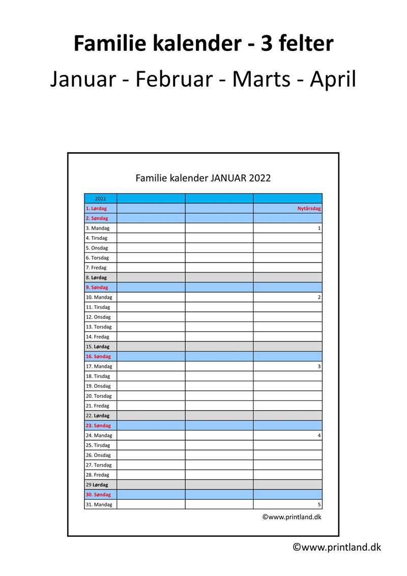 2022 Familie kalender felter