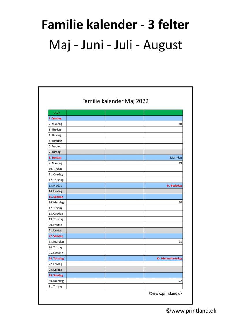 2022 Familie kalender felter